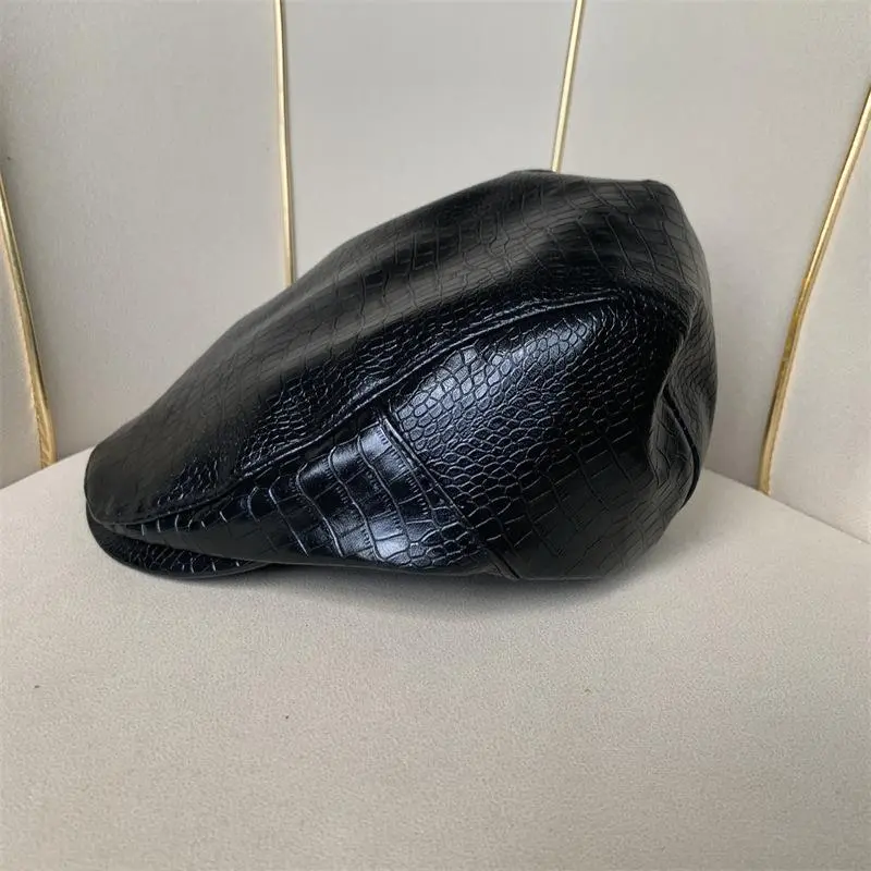 Women Retro Black Snake PU Faux Leather Female Fashion Visor Hat Spring Autumn Niche Octagonal Hat