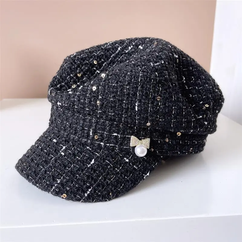 Women Newsboy Cap Autumn Winter Pearl Ribbon Felt Hats For Women Vintage Thick Octagonal Cap Female Casual Boina