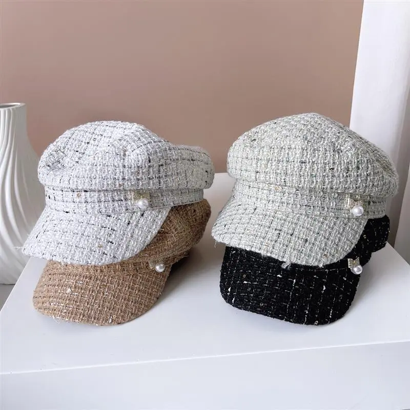 Women Newsboy Cap Autumn Winter Pearl Ribbon Felt Hats For Women Vintage Thick Octagonal Cap Female Casual Boina