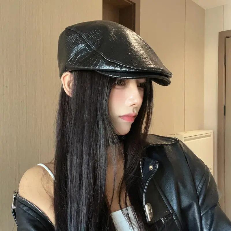 Women Retro Black Snake PU Faux Leather Female Fashion Visor Hat Spring Autumn Niche Octagonal Hat