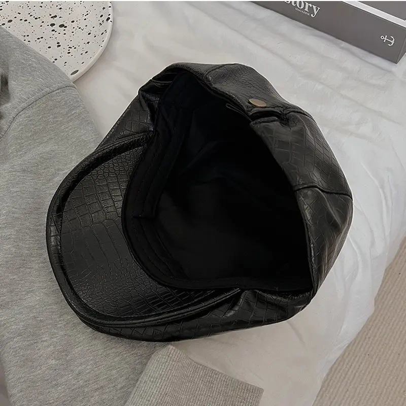 Women Retro Black Snake PU Faux Leather Female Fashion Visor Hat Spring Autumn Niche Octagonal Hat