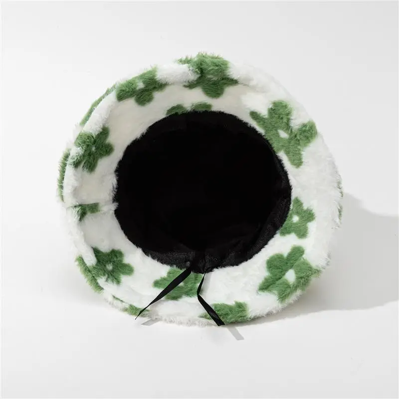 Little Print Flowers Plush Cute Caps Women Autumn Winter Stars Warm Bucket Hat Thick Faux Fur Bucket Hats
