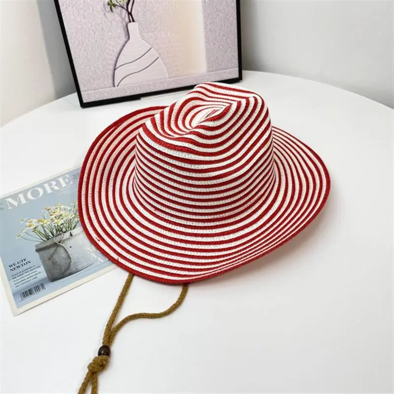 Women Colorful Striped Matching Cowboy Paper Straw Woven Rope Cowgirl Colors Fedora Straw Hat