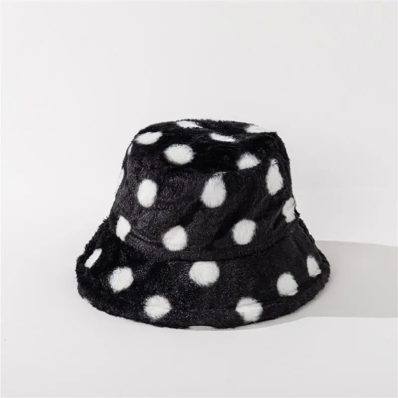 RH Female Dots Print Plush Soft Warm Flat Fashion Thick Cute Adult Faux Fur Bucket Hat