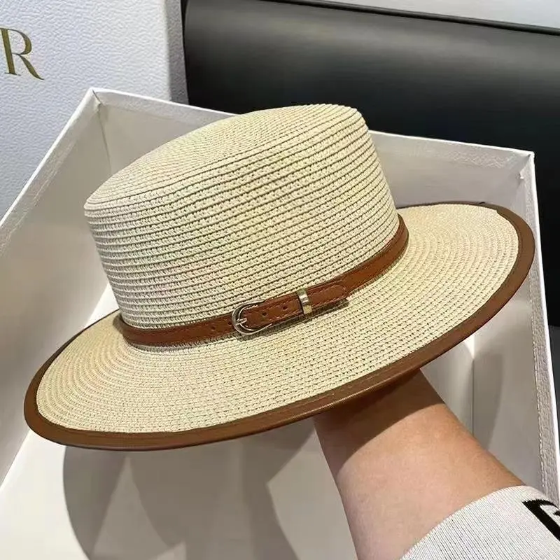 British Style Flat Top Fashion PU Leather Belt Buckle Straw Hat Female Casual Boater Straw Woven Sun Hat