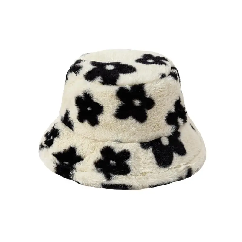 Little Print Flowers Plush Cute Caps Women Autumn Winter Stars Warm Bucket Hat Thick Faux Fur Bucket Hats