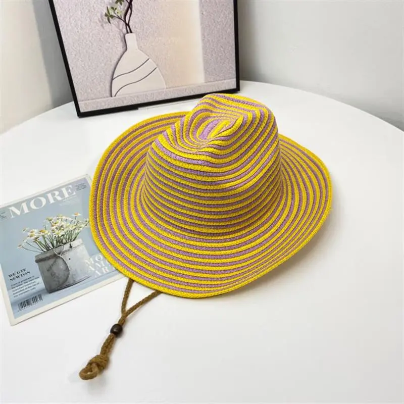 Women Colorful Striped Matching Cowboy Paper Straw Woven Rope Cowgirl Colors Fedora Straw Hat