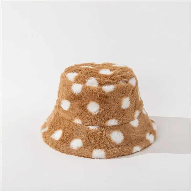 RH Female Dots Print Plush Soft Warm Flat Fashion Thick Cute Adult Faux Fur Bucket Hat