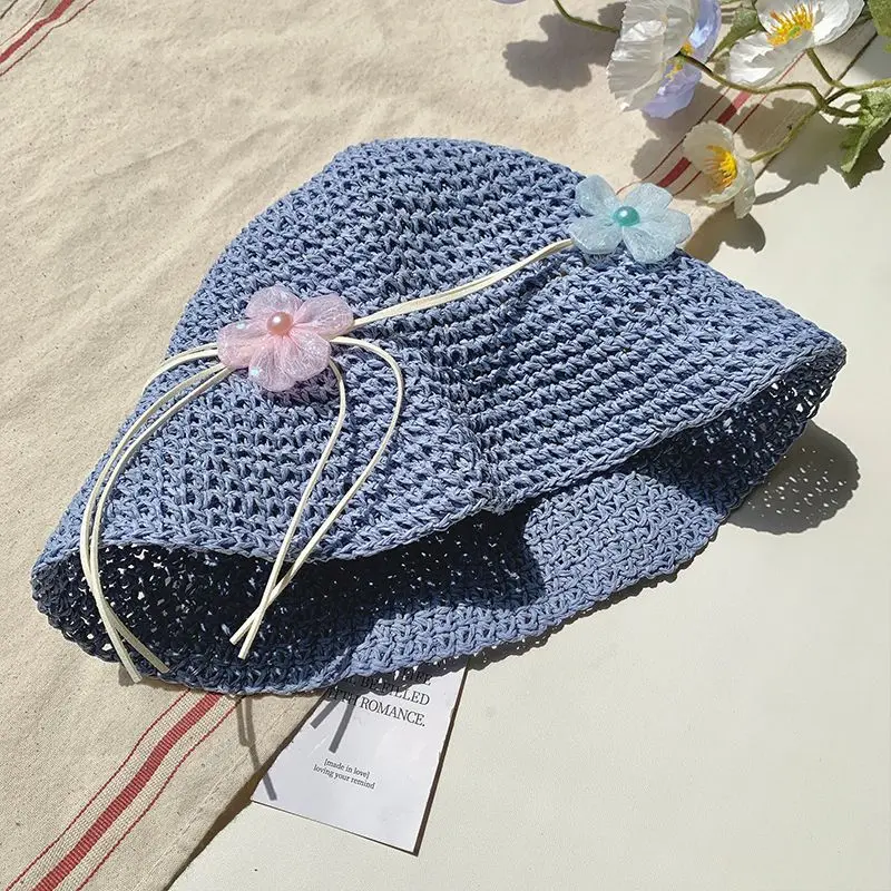 French Hollow Out Flowers String Caps Women Summer New Beach Vacation Beach Paper Straw Woven Bucket Hat