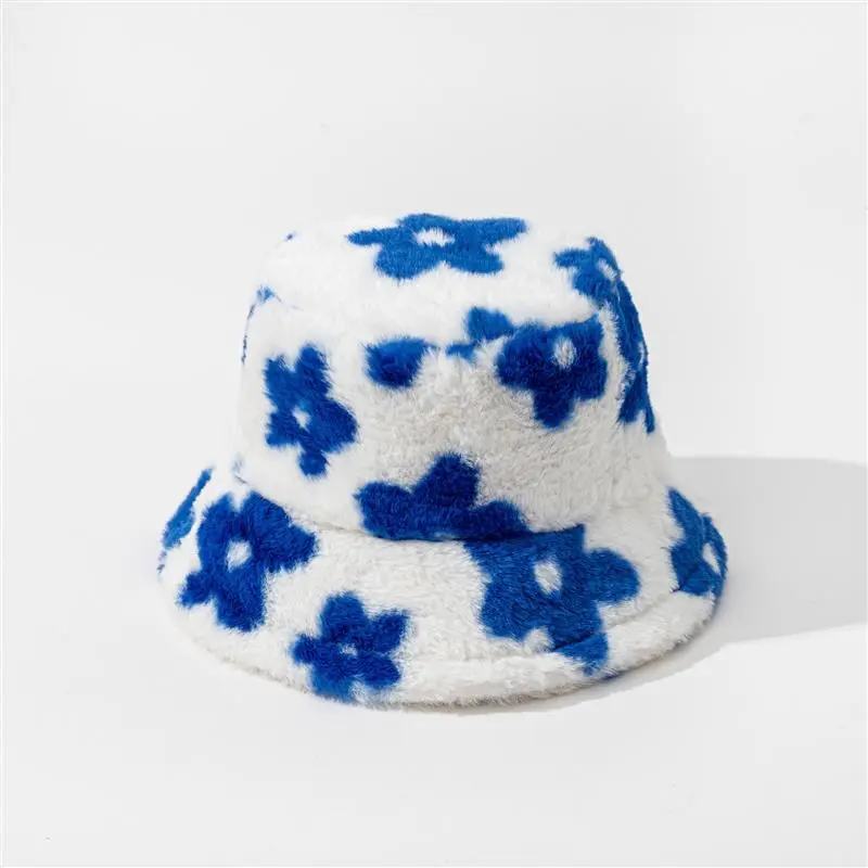 Little Print Flowers Plush Cute Caps Women Autumn Winter Stars Warm Bucket Hat Thick Faux Fur Bucket Hats