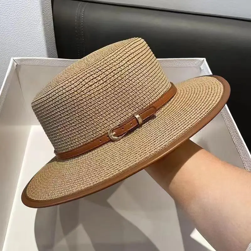 British Style Flat Top Fashion PU Leather Belt Buckle Straw Hat Female Casual Boater Straw Woven Sun Hat