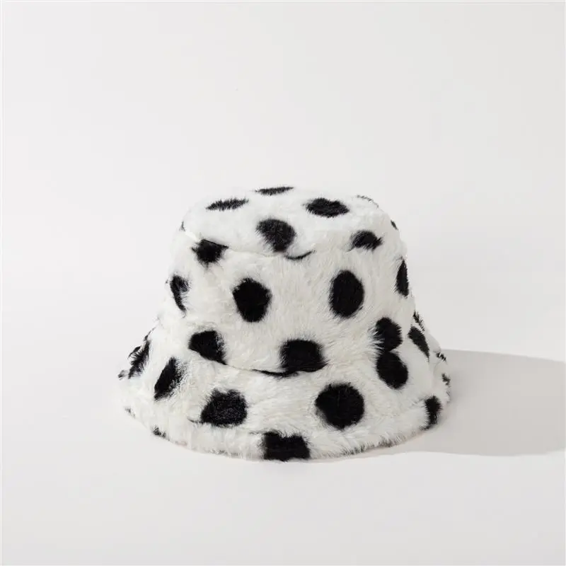 RH Female Dots Print Plush Soft Warm Flat Fashion Thick Cute Adult Faux Fur Bucket Hat