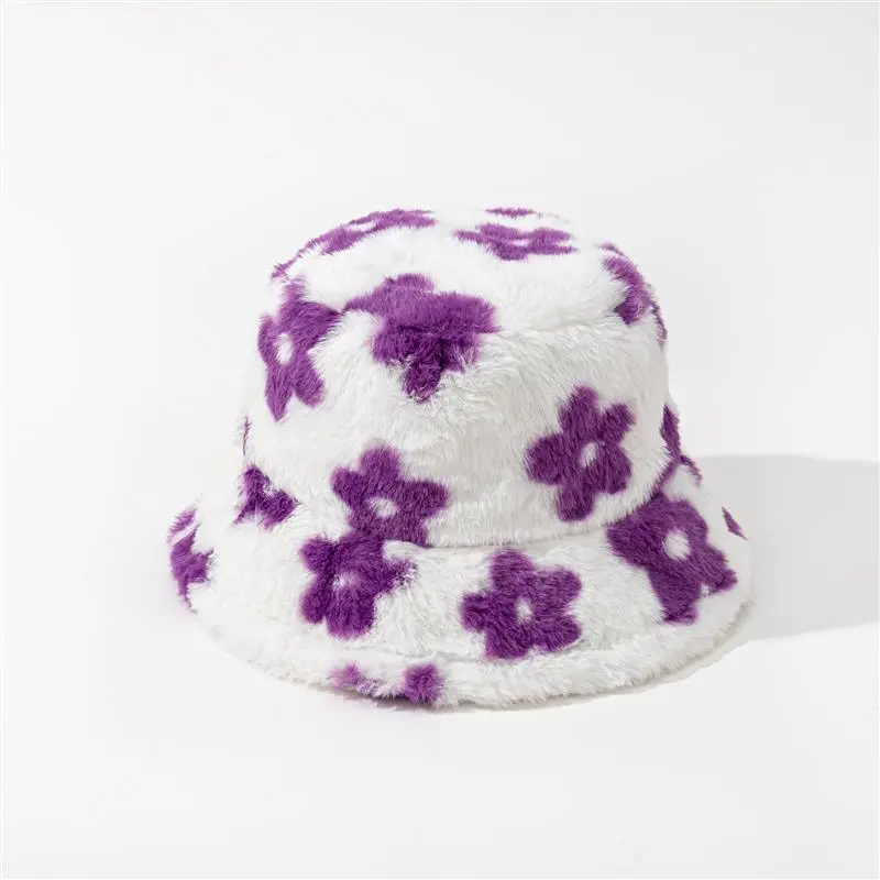 Little Print Flowers Plush Cute Caps Women Autumn Winter Stars Warm Bucket Hat Thick Faux Fur Bucket Hats