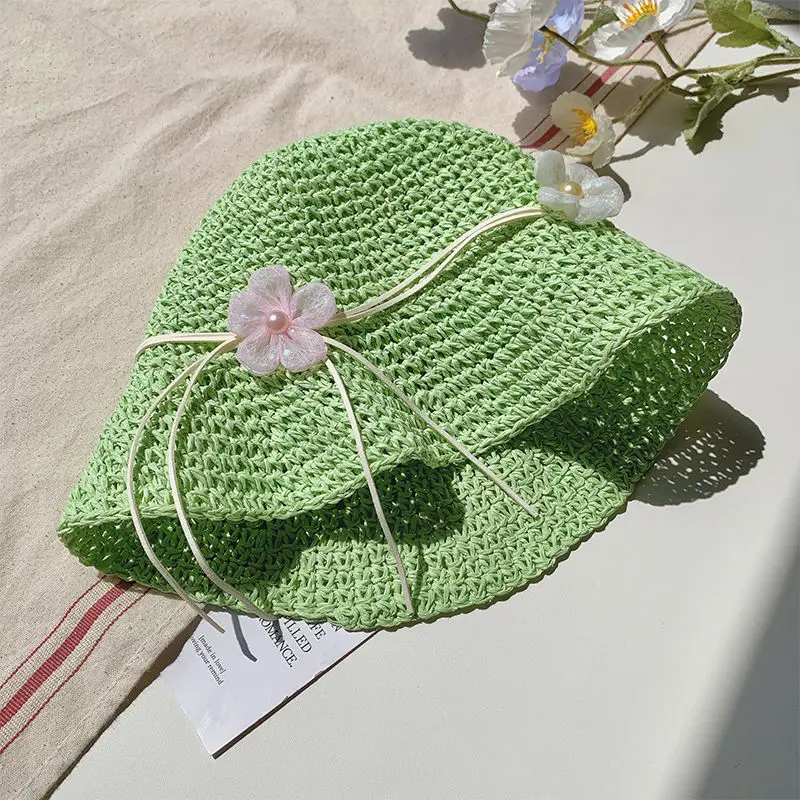 French Hollow Out Flowers String Caps Women Summer New Beach Vacation Beach Paper Straw Woven Bucket Hat