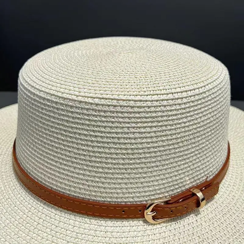British Style Flat Top Fashion PU Leather Belt Buckle Straw Hat Female Casual Boater Straw Woven Sun Hat