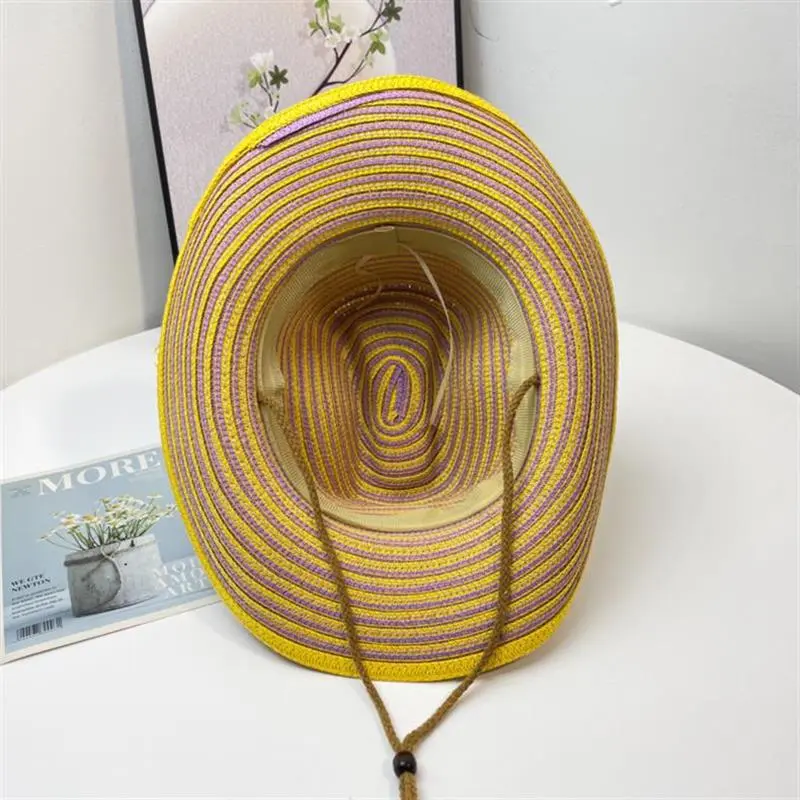 Women Colorful Striped Matching Cowboy Paper Straw Woven Rope Cowgirl Colors Fedora Straw Hat