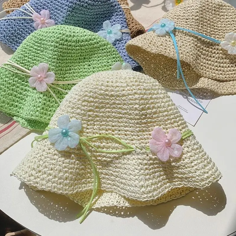French Hollow Out Flowers String Caps Women Summer New Beach Vacation Beach Paper Straw Woven Bucket Hat