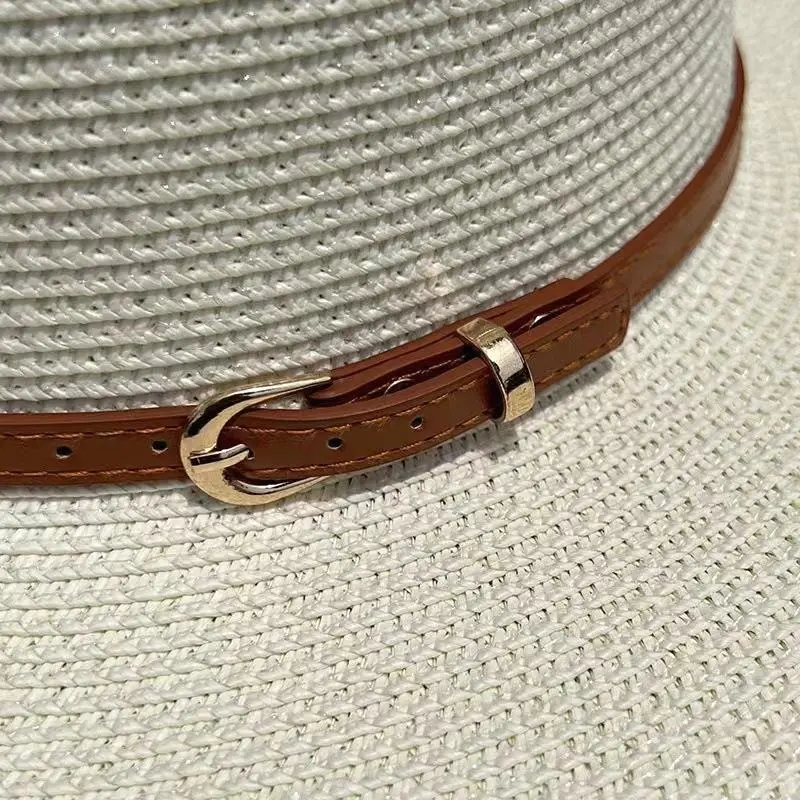 British Style Flat Top Fashion PU Leather Belt Buckle Straw Hat Female Casual Boater Straw Woven Sun Hat
