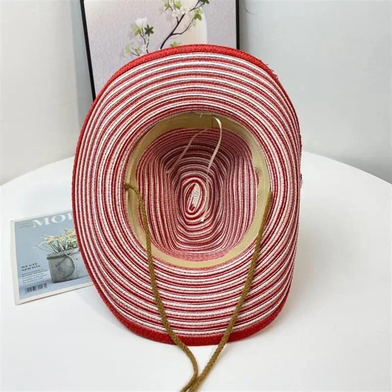 Women Colorful Striped Matching Cowboy Paper Straw Woven Rope Cowgirl Colors Fedora Straw Hat