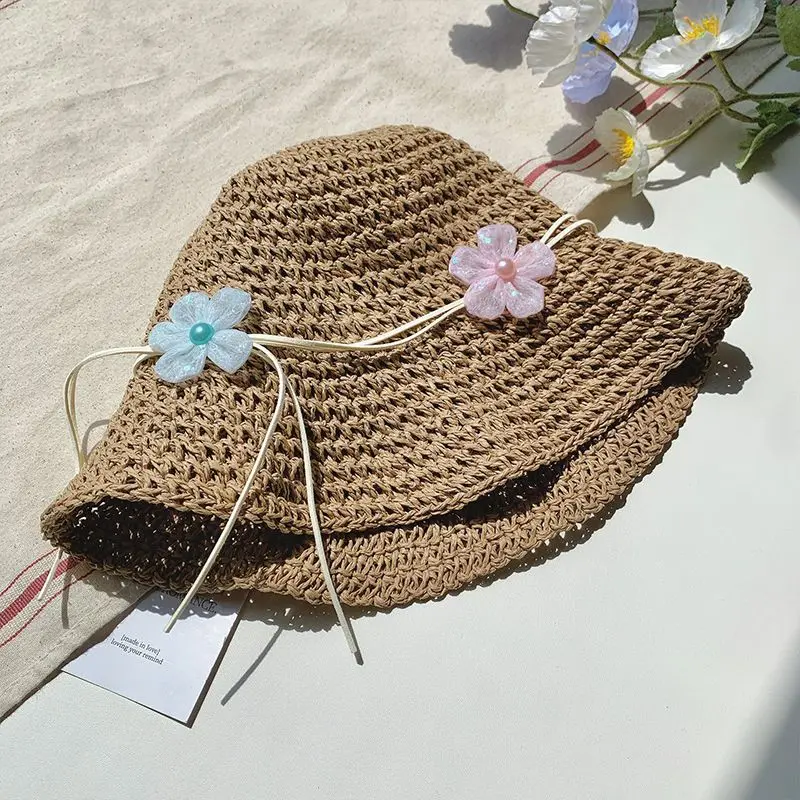 French Hollow Out Flowers String Caps Women Summer New Beach Vacation Beach Paper Straw Woven Bucket Hat