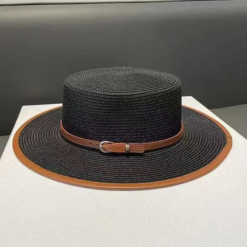 British Style Flat Top Fashion PU Leather Belt Buckle Straw Hat Female Casual Boater Straw Woven Sun Hat