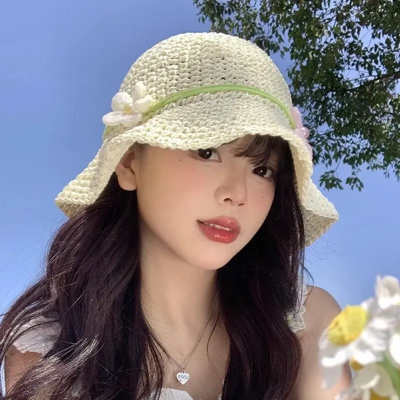 French Hollow Out Flowers String Caps Women Summer New Beach Vacation Beach Paper Straw Woven Bucket Hat
