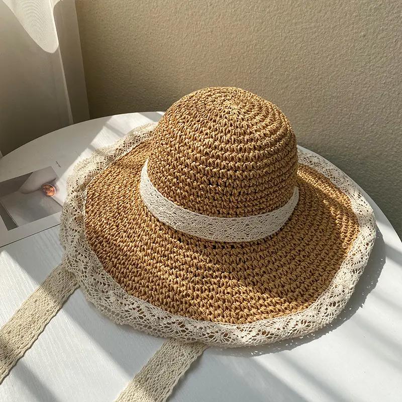 Women's Paper Grass Hat Korean Trendy Breathable Lace Bow Tie Hollow Fresh Windproof Bucket Straw Hat