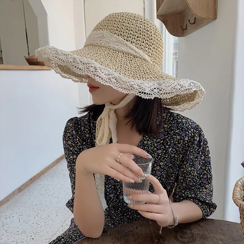 Women's Paper Grass Hat Korean Trendy Breathable Lace Bow Tie Hollow Fresh Windproof Bucket Straw Hat