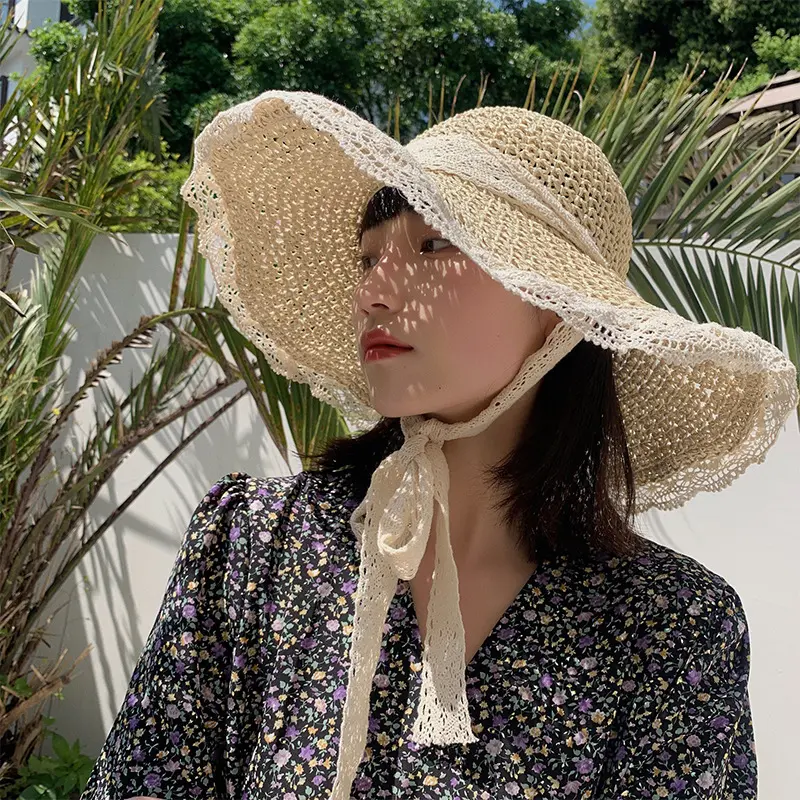 Women's Paper Grass Hat Korean Trendy Breathable Lace Bow Tie Hollow Fresh Windproof Bucket Straw Hat