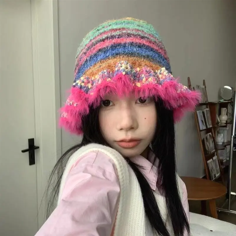 Autumn Winter Colorful Gradient Stripe Dopamine Soft Bucket Hat Cute Handmade Plush Furry Frill Hat Gorros
