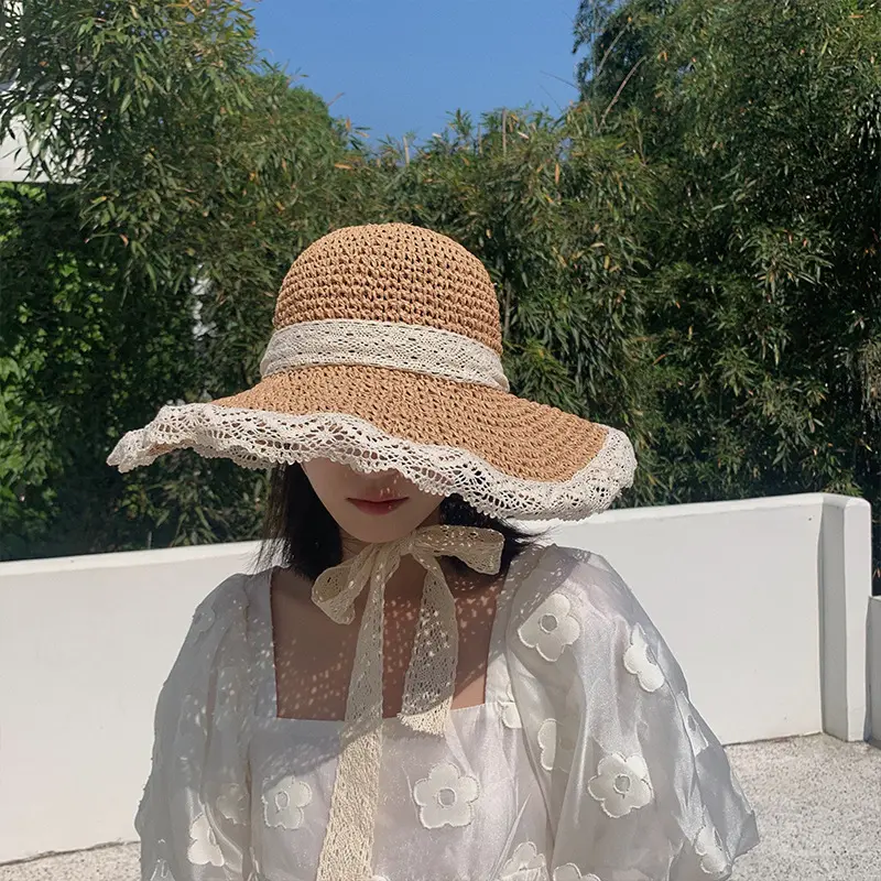 Women's Paper Grass Hat Korean Trendy Breathable Lace Bow Tie Hollow Fresh Windproof Bucket Straw Hat