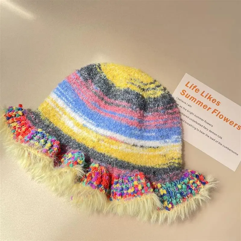 Autumn Winter Colorful Gradient Stripe Dopamine Soft Bucket Hat Cute Handmade Plush Furry Frill Hat Gorros