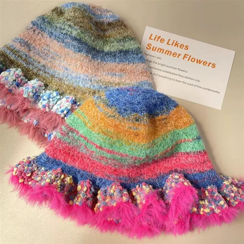 Autumn Winter Colorful Gradient Stripe Dopamine Soft Bucket Hat Cute Handmade Plush Furry Frill Hat Gorros
