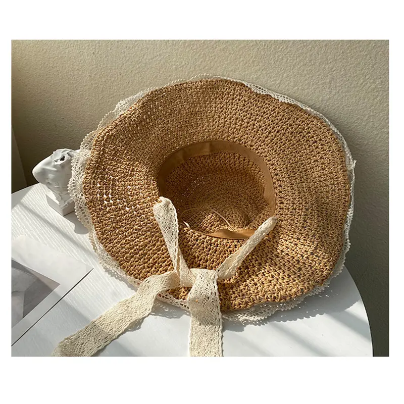 Women's Paper Grass Hat Korean Trendy Breathable Lace Bow Tie Hollow Fresh Windproof Bucket Straw Hat