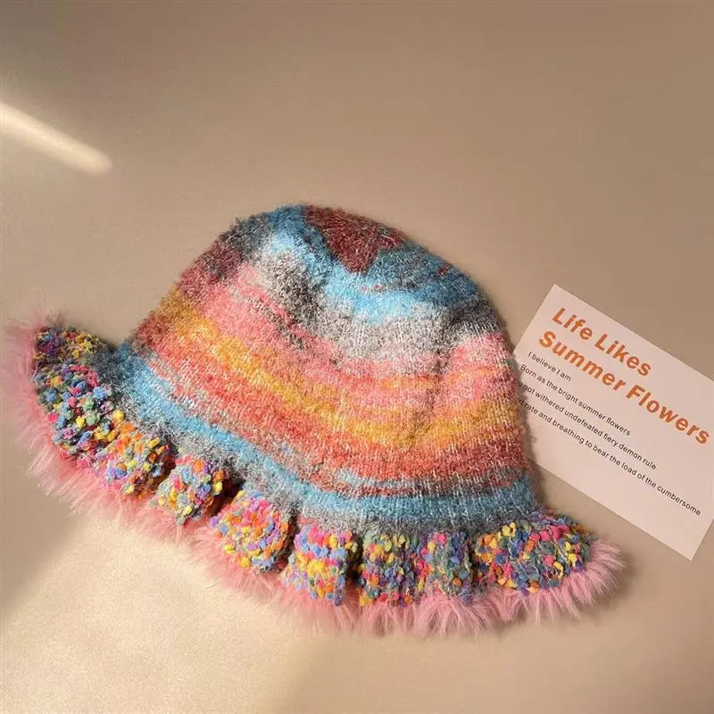 Autumn Winter Colorful Gradient Stripe Dopamine Soft Bucket Hat Cute Handmade Plush Furry Frill Hat Gorros