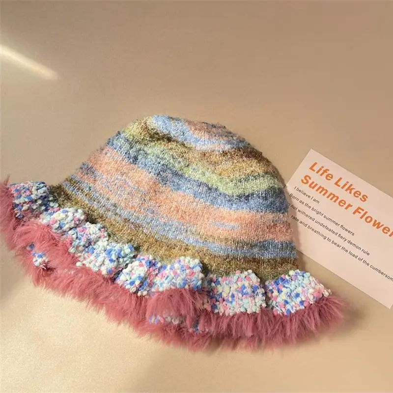 Autumn Winter Colorful Gradient Stripe Dopamine Soft Bucket Hat Cute Handmade Plush Furry Frill Hat Gorros