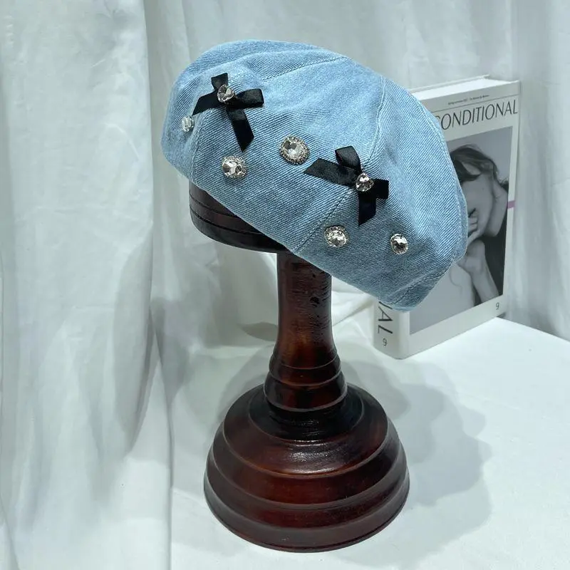 Ladies Sweet Bow Knot Rhinestones Denim Blue Beret Female Autumn Painter Pumpkin Cap Casual Women Cap