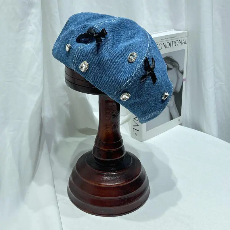Ladies Sweet Bow Knot Rhinestones Denim Blue Beret Female Autumn Painter Pumpkin Cap Casual Women Cap