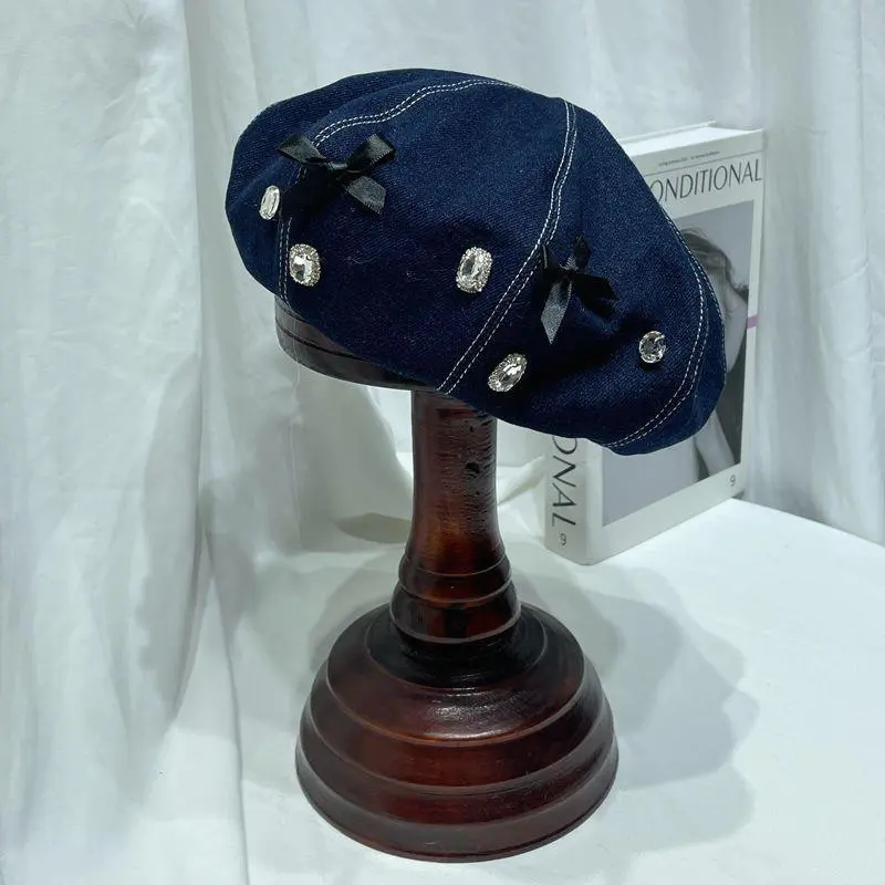 Ladies Sweet Bow Knot Rhinestones Denim Blue Beret Female Autumn Painter Pumpkin Cap Casual Women Cap
