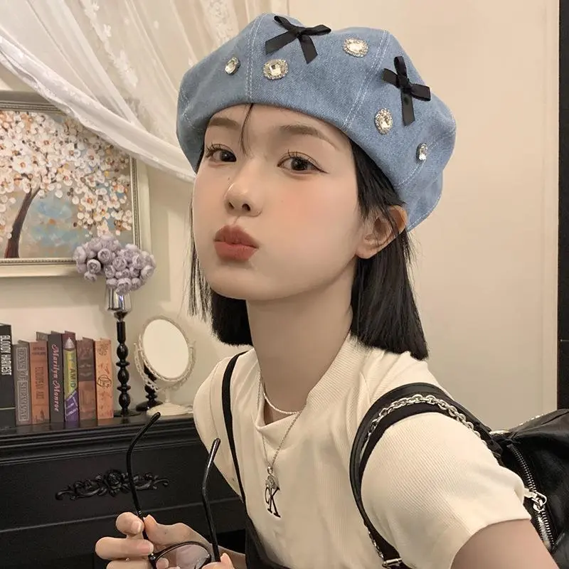 Ladies Sweet Bow Knot Rhinestones Denim Blue Beret Female Autumn Painter Pumpkin Cap Casual Women Cap