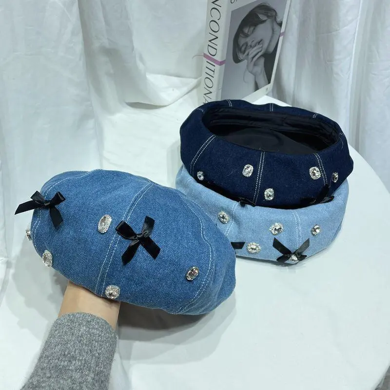 Ladies Sweet Bow Knot Rhinestones Denim Blue Beret Female Autumn Painter Pumpkin Cap Casual Women Cap