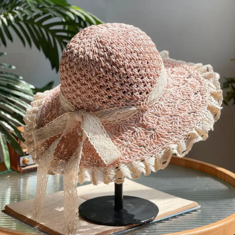 RH Female Lace Edge Foldable Crochet Straw Hat Summer Holiday Hollow Lovely Bow Flower Fringe Sunshade Beach Hat