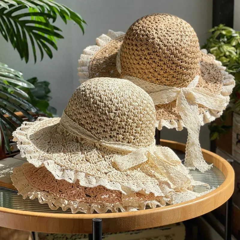 RH Female Lace Edge Foldable Crochet Straw Hat Summer Holiday Hollow Lovely Bow Flower Fringe Sunshade Beach Hat