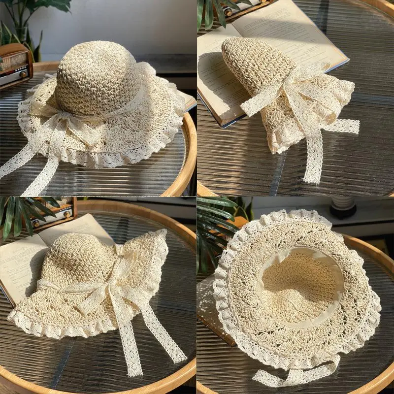 RH Female Lace Edge Foldable Crochet Straw Hat Summer Holiday Hollow Lovely Bow Flower Fringe Sunshade Beach Hat