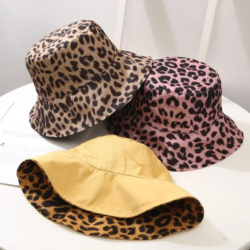 Spring Summer Leopard Print Bucket Hat Women Double Sides Travel Wide Brim Reversible Sun Hat