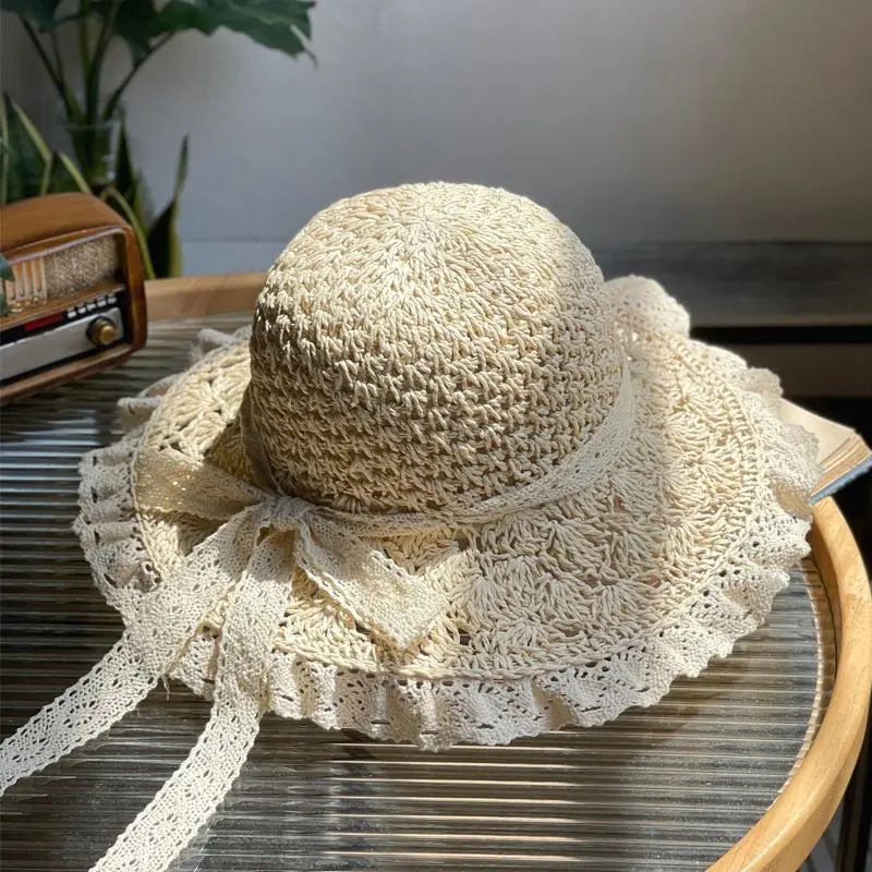 RH Female Lace Edge Foldable Crochet Straw Hat Summer Holiday Hollow Lovely Bow Flower Fringe Sunshade Beach Hat