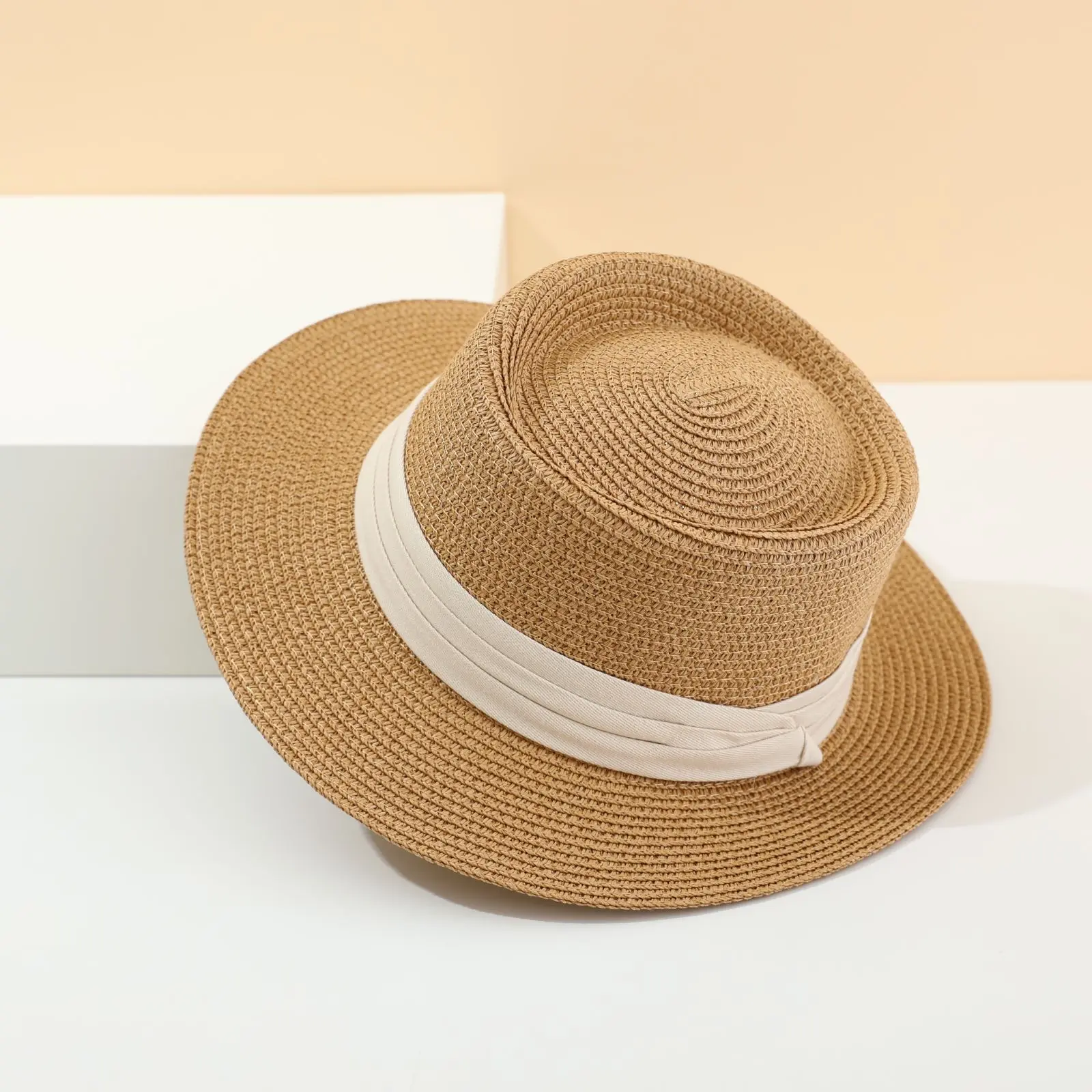 Women British Retro Concave Round Sun Casual Beach Straw Hat With Cotton Ribbon Band