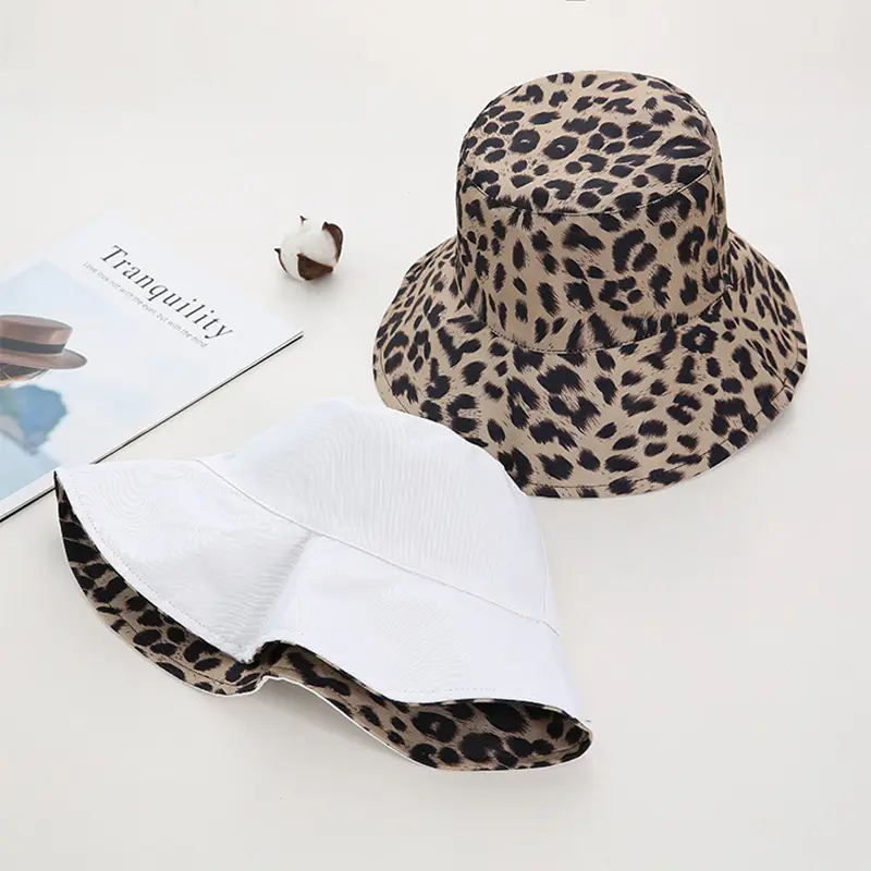 Spring Summer Leopard Print Bucket Hat Women Double Sides Travel Wide Brim Reversible Sun Hat