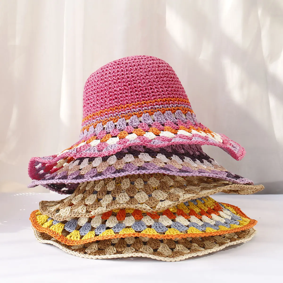 Vacation Big Field Beach Flower Bucket Hat Women Sun New Colorful Handmade Crochet Hollowed Paper Straw Hat