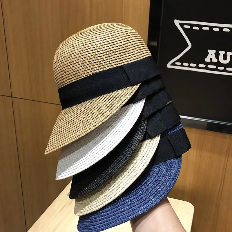 Lady Woven Equestrian Hat Outdoor Round Top Beach Leisure Sun Protection Paper Straw Baseball Hat